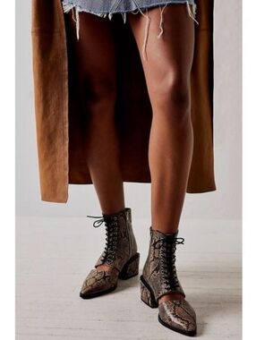 Free People Charlotte Corset Snakeskin Cowgirl Western Square Heel Cutout Boots